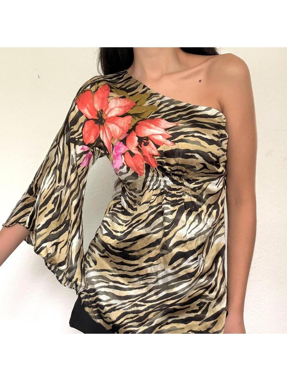 Cache Animal Print Floral Silk One Shoulder Top